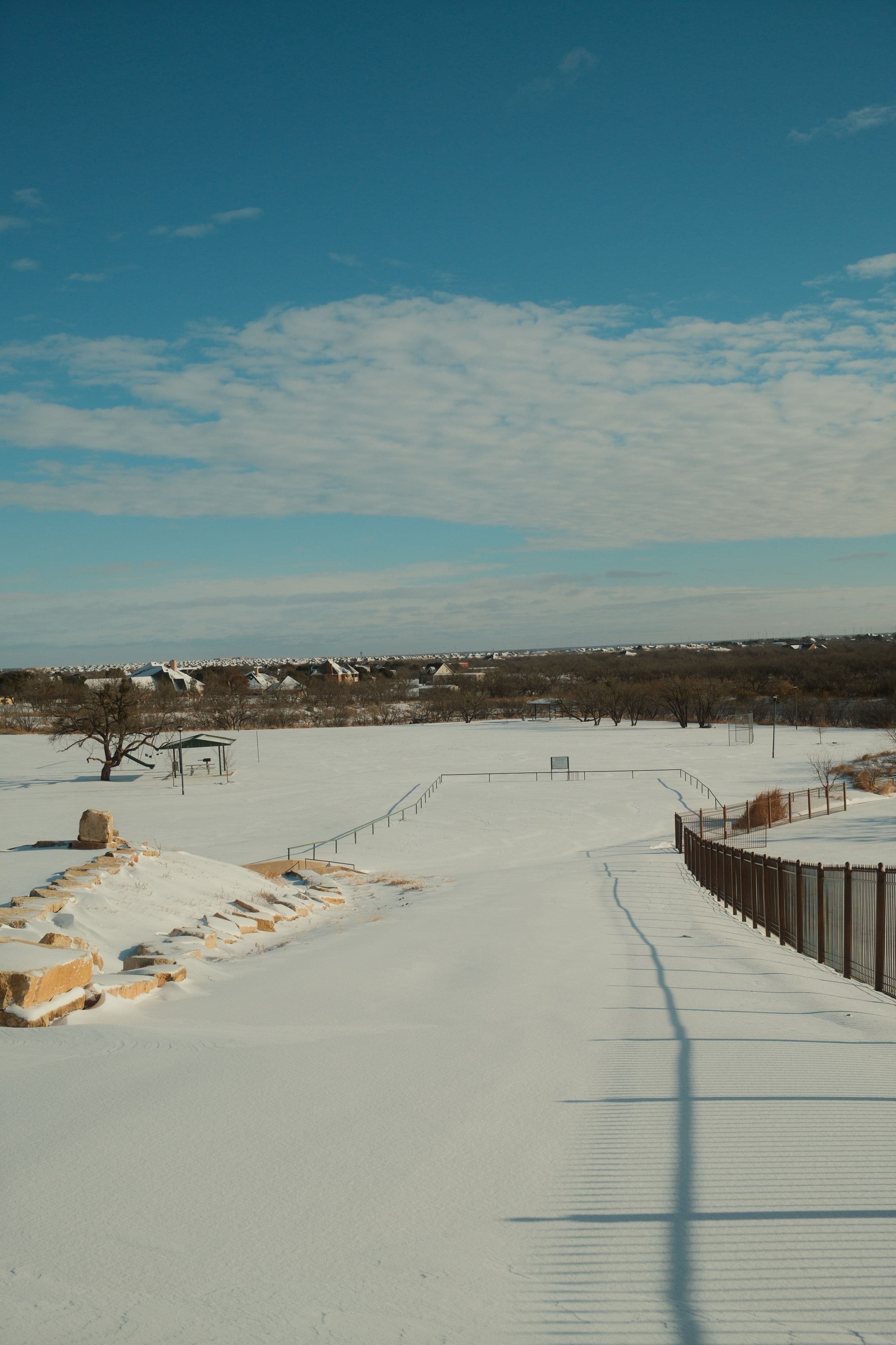 Fresh snowfall across an open park under a clear morning sky